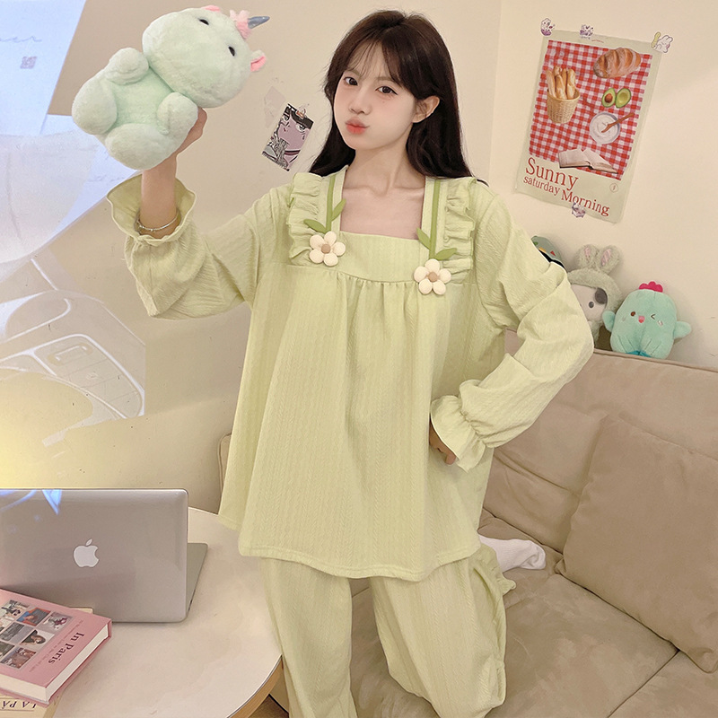 Women's Pleated Cotton Pajamas with Chest Pad Spring Sweet Cute Fashion Ruffled Jacquard Cotton with Chest Pad Home Clothes 6