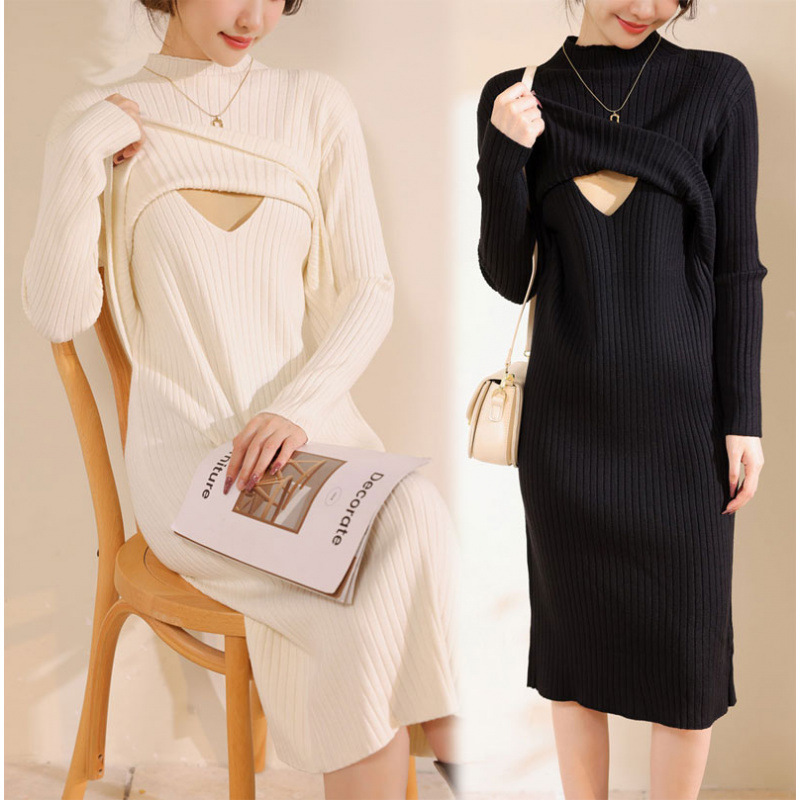 Real Shot of Elegant Autumn and Winter Thickeneded Warm Nursing Sweater for Hot Moms, Loose and Slimming Look Mid-Length Maternity Bottoming Dress
