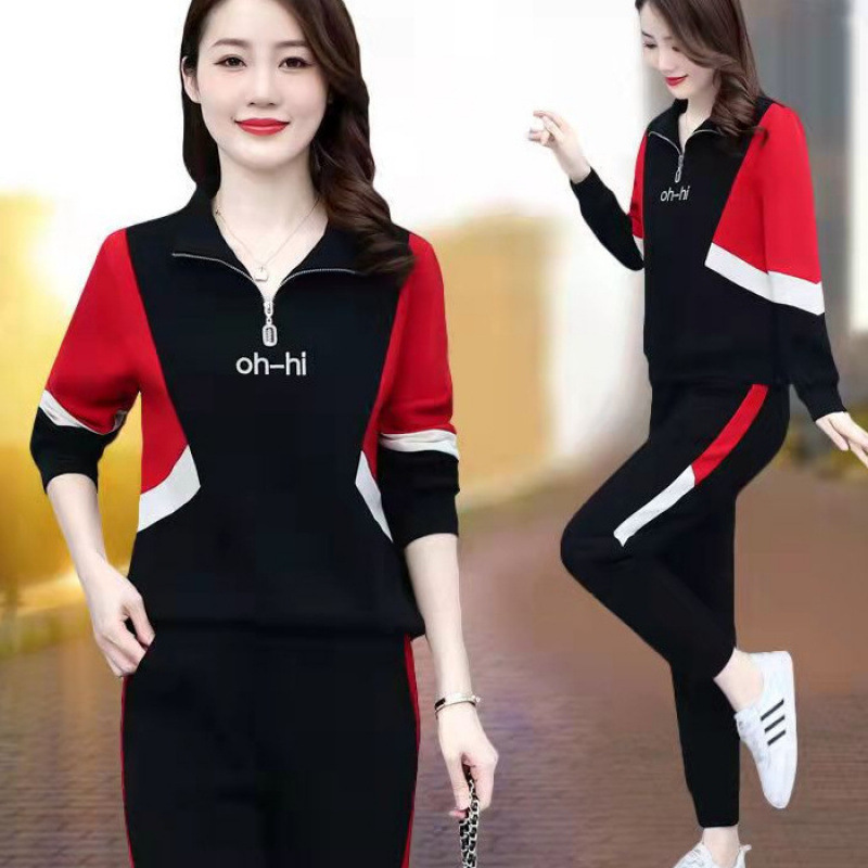 스포츠 세트 여성의 봄과 가을 2023 새로운 패션 느슨한 바느질 슬림 룩 캐주얼 착용 투피스 세트
