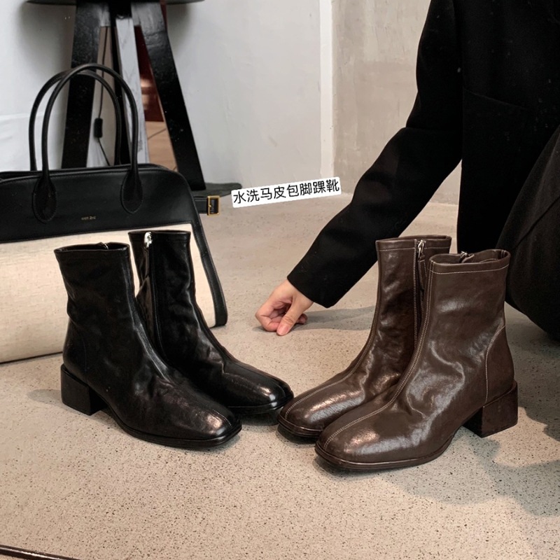 全牛革 ~ 韓系百合角頭水洗い馬皮痩せショートブーツ太さと厚い底の小さい足首ブーツ女性秋冬新作