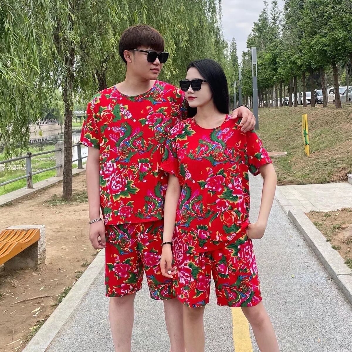 동북 큰 꽃 남성 세트 패션 브랜드 2 인 비치 의류 홈 5 점 반바지 커플 다재다능한 얇은 캐주얼