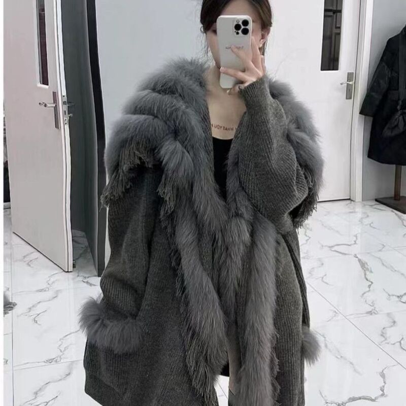 Customized Mid-Length Real Fox Fur Tassel Lazy Cardigan Jacket Women's Clothing Women's Knitted Cardigan Women's Clothing Customized Mid-Length Real Fox Fur Tassel Lazy Cardigan Jacket Women's Clothing Women's Knitted Cardigan Women's Clothing