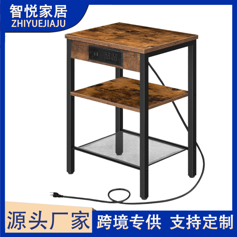 Side Table with Charging Station and USB Ports, Small End Table for Small Spaces, 3-Tier Bedside Table with Adjustable Features