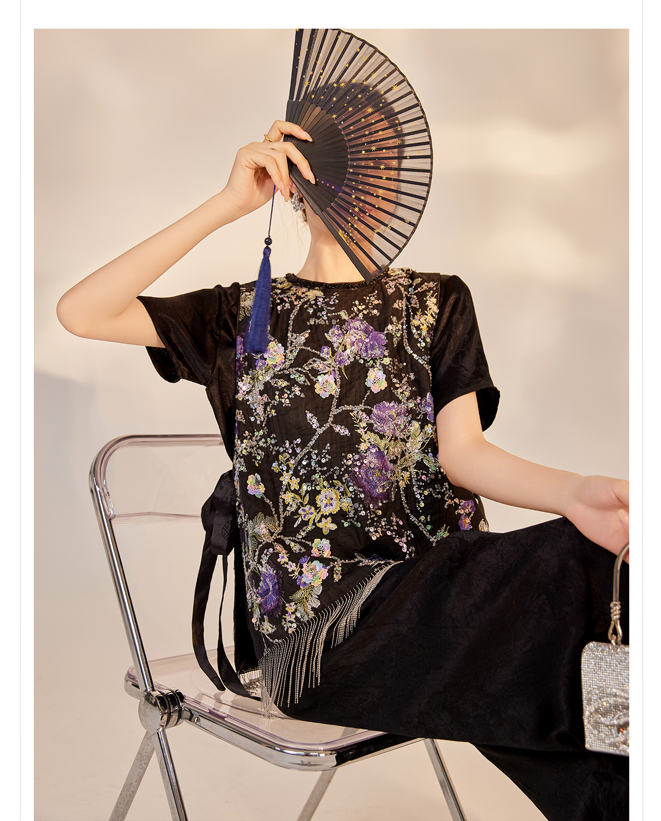 Áo vest gile nữ không tay thêu họa tiết cổ trang đen cao cấp — Màu đen chi tiết 8