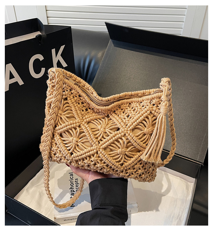 177g Weight Polyester Cotton Lining Material Weave, Hollow Fashion Element Zipper Closure Type Single Shoulder Strap Strap Type Shoulder Bag Bags Type Casual Occasion cotton rope Material Solid Color Pattern All Seasons Season Women's Gender Vacation Style Square Shape Women's Cotton Rope Solid Color Vacation Weave Hollow Square Zipper Shoulder Bag 无