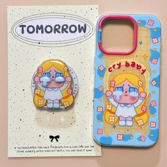 卡通蓝格纹哭娃磁吸适用苹果16promax手机壳iPhone15支架14可爱13