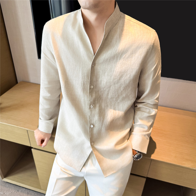 100% Linen Textured Long-Sleeved Shirt, High-End Commuter Style, Lightweight, Breathable, Stand-Up Collar Shirt~Direct Delivery Service