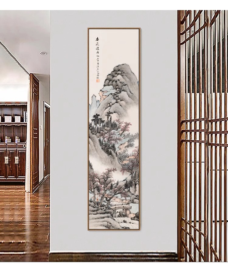 新中式山水画玄关竖版长条国画客厅过道挂画书房茶室装饰画古代画-阿里巴巴