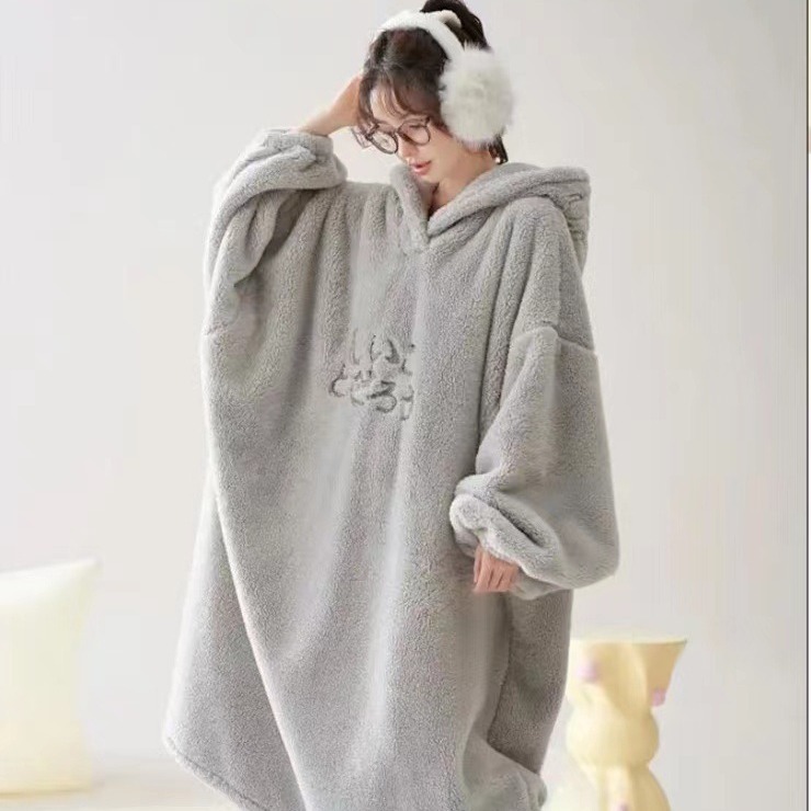 Invierno nuevo camisón de las mujeres más el tamaño franela caliente con capucha casual desgaste casero flojo Falda larga sobre la rodilla