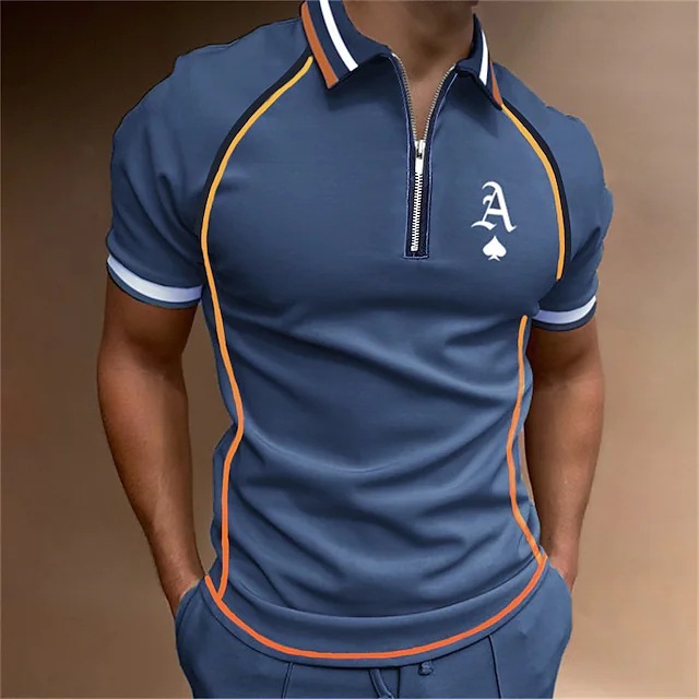 Polo homme manches courtes avec fermeture éclair et color block_voghion.com