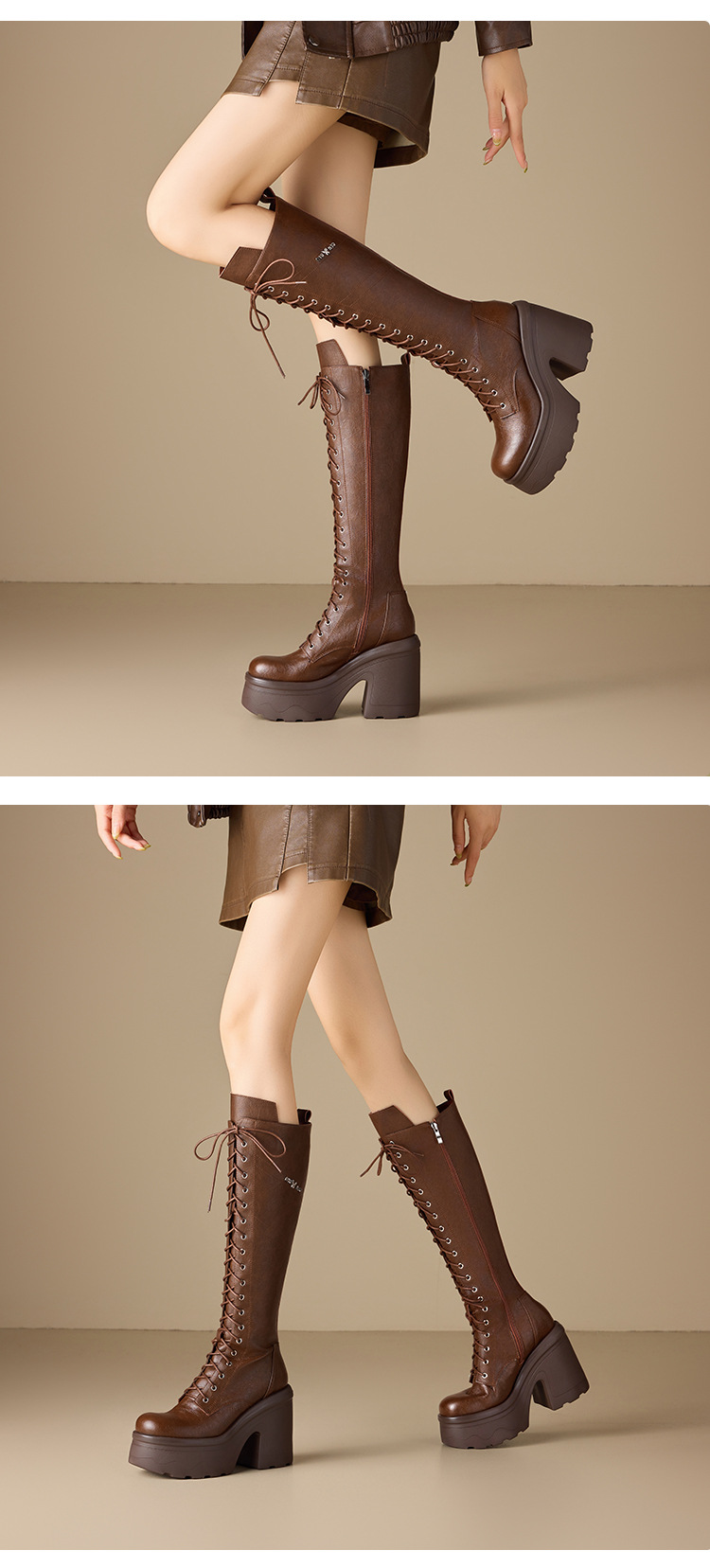 Boot nữ cổ cao ôm bắp chân, gót 12 cm, phong cách Anh, da thật, buộc dây, đế dày — nhung nâu chi tiết 3