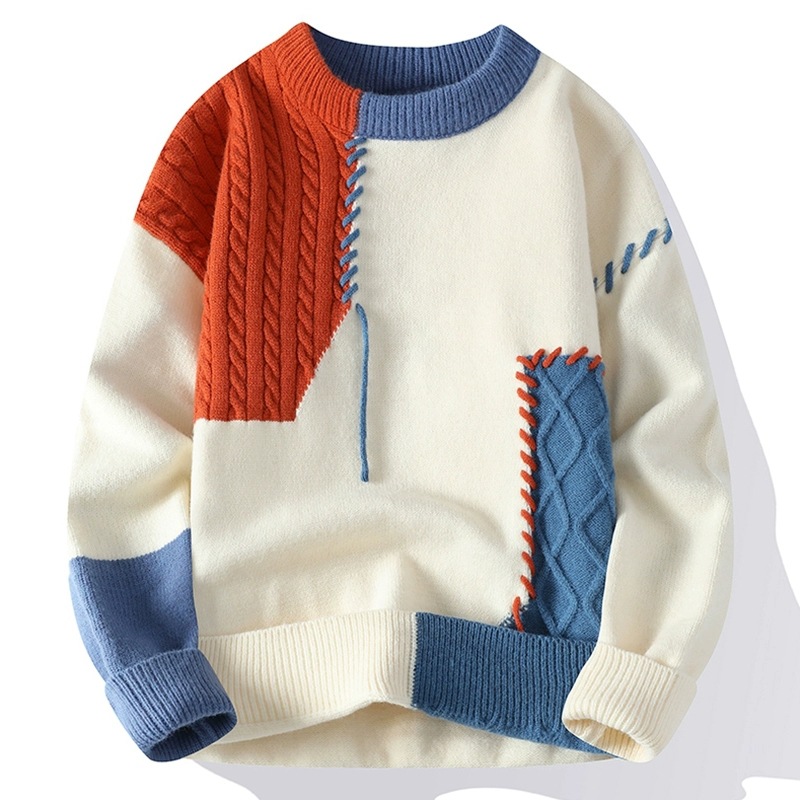 Color-Blocked Round Neck Knitwear Men's Autumn and Winter Loose Trendy Brand Bottoming Knitwear Youth Casual Cross-Border Hot Sale Wholesale