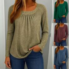 欧美跨境亚马逊秋季新款女装休闲宽松时尚纯色复古圆领打褶长袖t