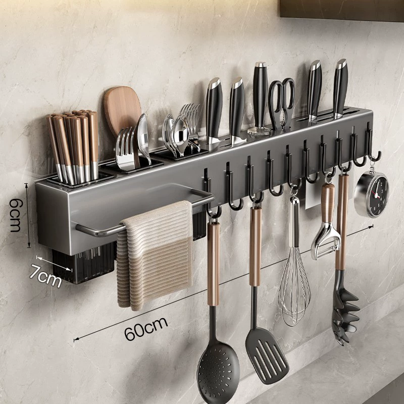 Universal Stainless Steel Knife & Chopstick Storage System – Multi-Layer Wall Rackwith Hooks