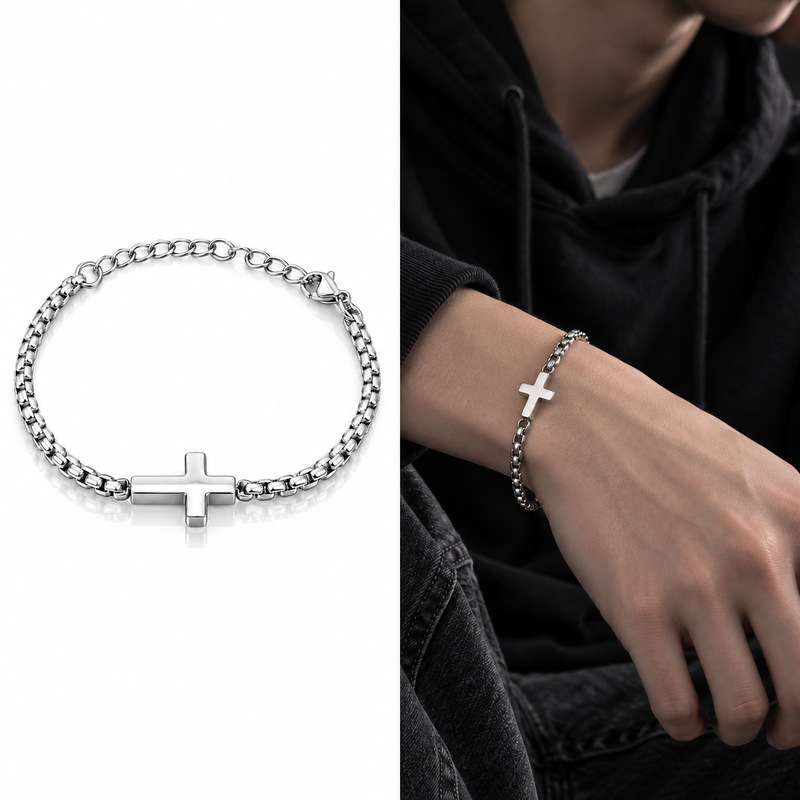 Cross-border European and American minimalist style titanium steel cross bracelet, unisex, simple and elegant, suitable for couples, versatile and trendy chain accessory