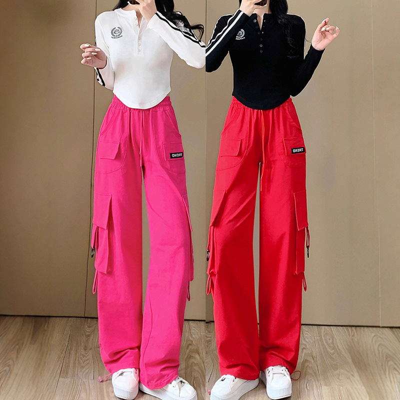 Short Velvet Long-Sleeved T-Shirt Sports Suit for Women in Autumn and Winter New Casual Loose Dance Cargo Pants Two-Piece Set