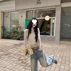 吵吵家镂空杏色蕾丝上衣夏季法式甜美设计感修身罩衫长袖针织衫