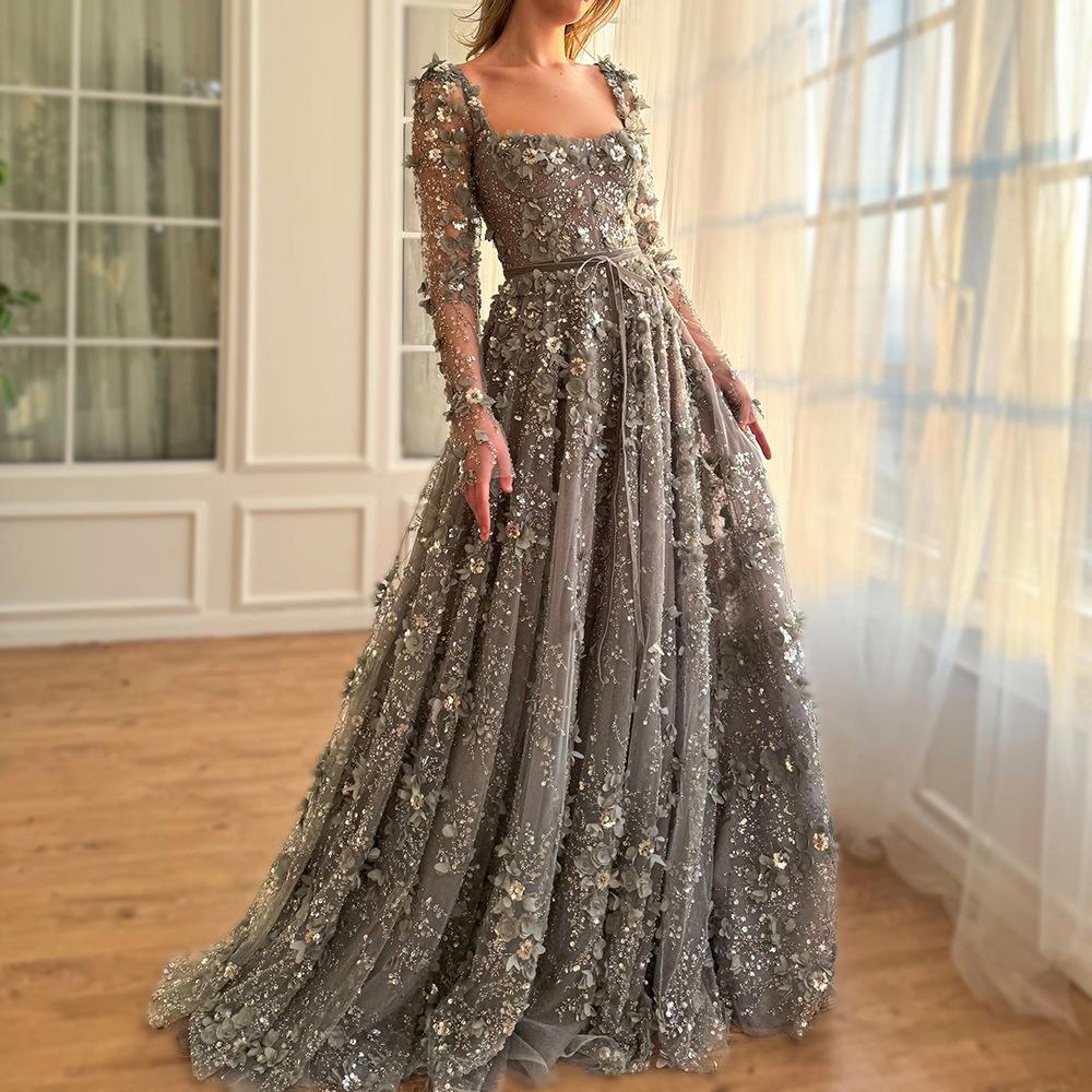 Gray Long-Sleeve 3D Floral Evening Dress for Foreign Trade, High-End and Elegant Solo Performance A-Line Long Dress La72657