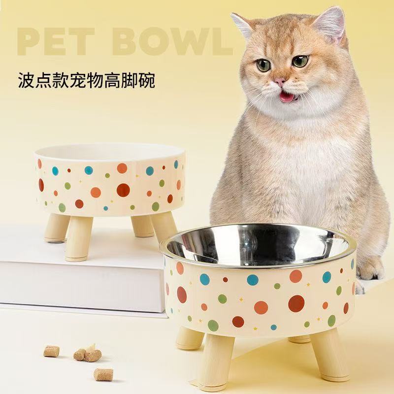New cat bowl dog bowl drinking water feeding cat food wave point stainless steel high-foot bowl food bowl neck protection anti-knock pet bowl