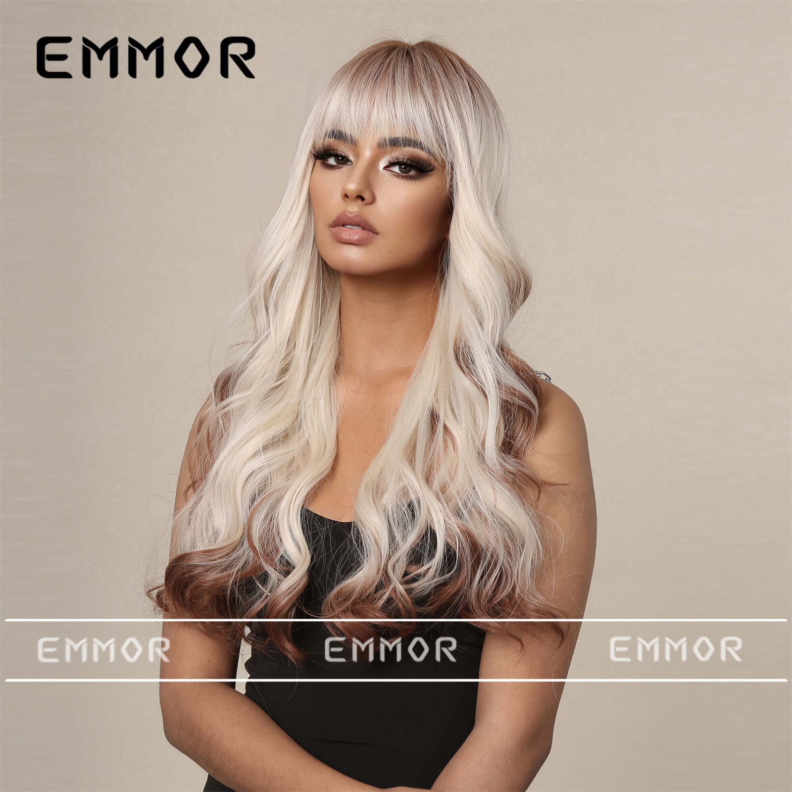 Europa y América nueva peluca femenina recta Bangs platino gradiente chocolate moda pelo Color onda grande Peluca de pelo rizado