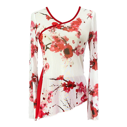 Honghua classical dance clothing body charm practice clothing gauze clothing art test trumpet sleeves plum blossom elegant ethnic dancer top