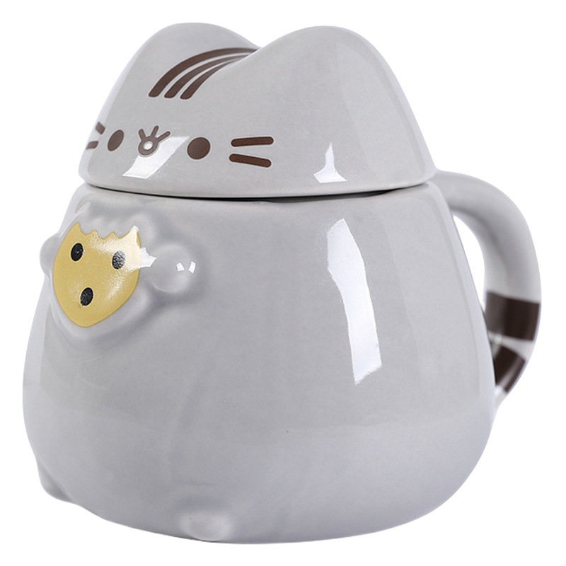 Estrictamente seleccionado transfronterizo gato de grasa Taza gris con tapa taza de gato de grasa Taza de cerámica de dibujos animados Totoro taza de agua Taza de Gato