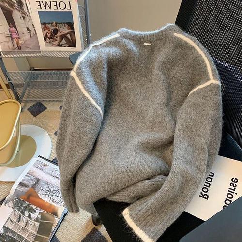 Autumn/Winter Color Block Design Women's Unique Relaxed Style Loose Soft Yarn Long Sleeve Knit Top
