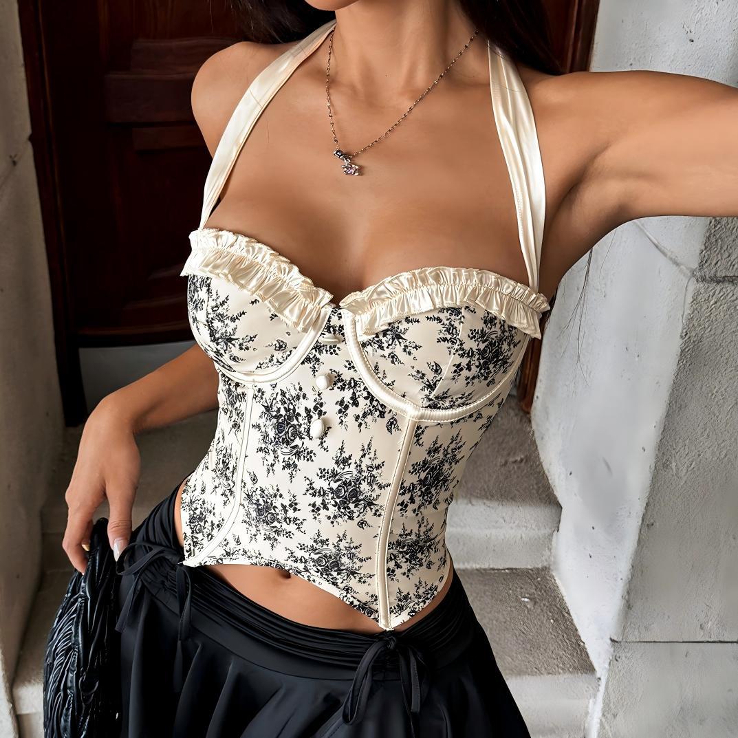 Top sexy allacciato al collo con volants e schiena scoperta_voghion.com