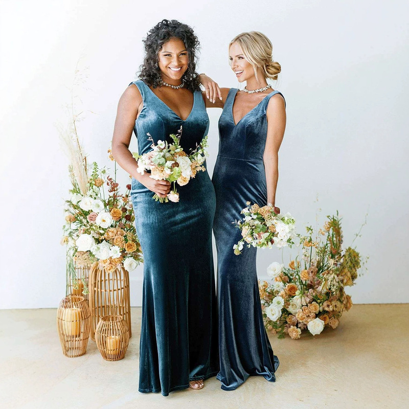 Velvet waist-cinching fishtail bodycon long dress, AliExpress export model, sexy V-neck party wedding bridesmaid dress Velvet waist-cinching fishtail bodycon long dress, AliExpress export model, sexy V-neck party wedding bridesmaid dress