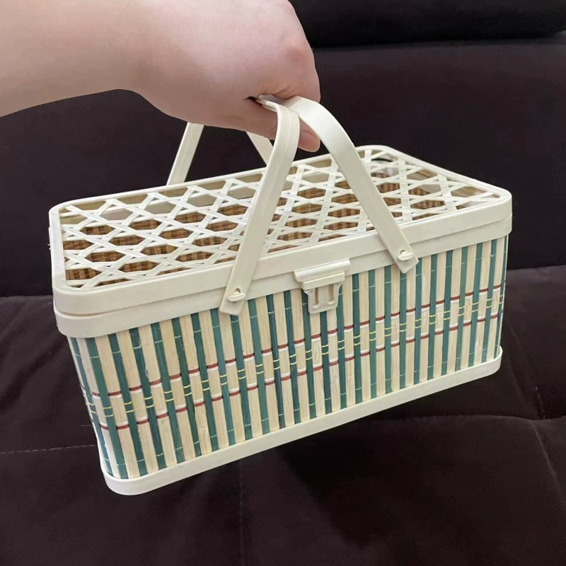 Портативная зеленая пластиковая корзина из искусственного бамбука, корзина для ягод с крышкой, прямоугольная подарочная упаковка для фруктов, вишня, нектарин