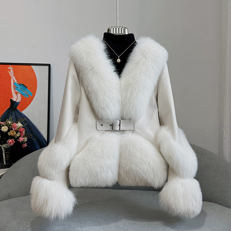 2024 Autumn/Winter Full Fox Fur Women's Short down Jacket Waist-Cinching Simple Slimming Real Fur Integrated Coat