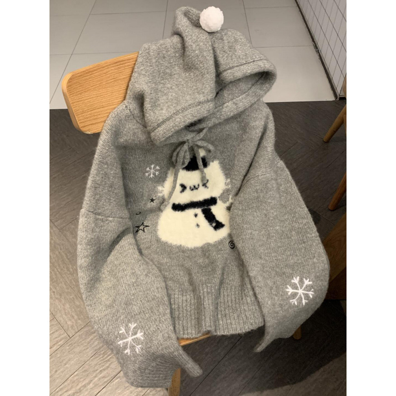 氛围感可爱宽松毛绒雪人连帽毛衣女秋冬软糯宽松慵懒风针织衫上衣|undefined