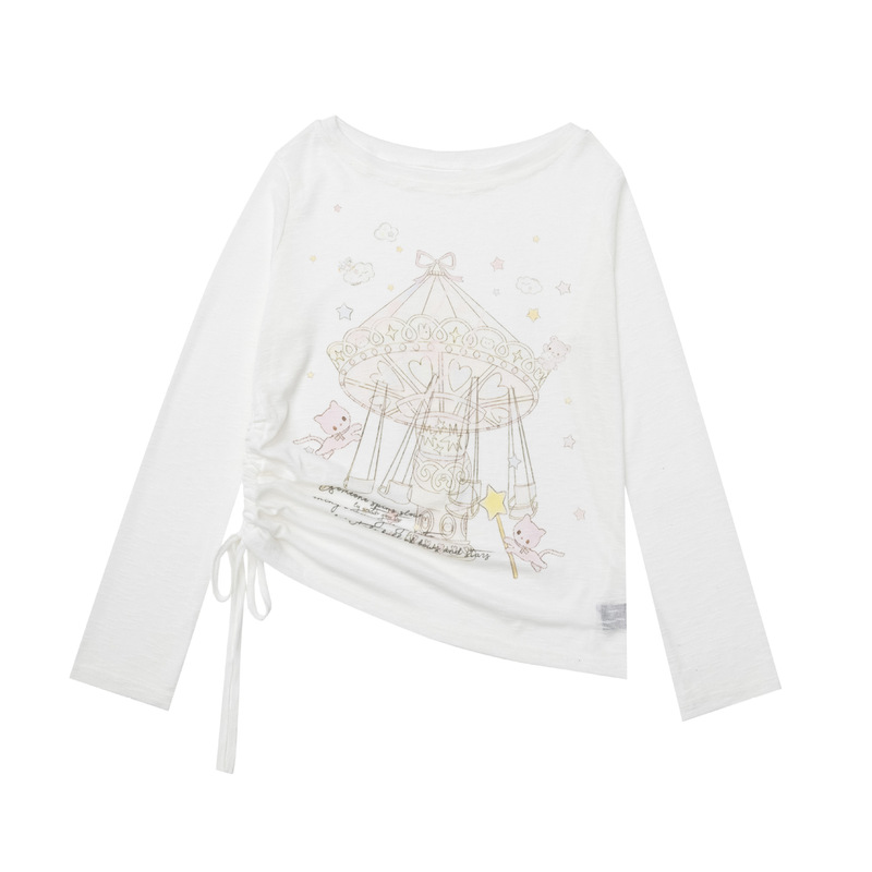 206 New Summer Style Cartoon Carousel Print Drawstring Long-Sleeved T-Shirt for Women, Lazy Loose Sun Protection Blouse Top 206 New Summer Style Cartoon Carousel Print Drawstring Long-Sleeved T-Shirt for Women, Lazy Loose Sun Protection Blouse Top