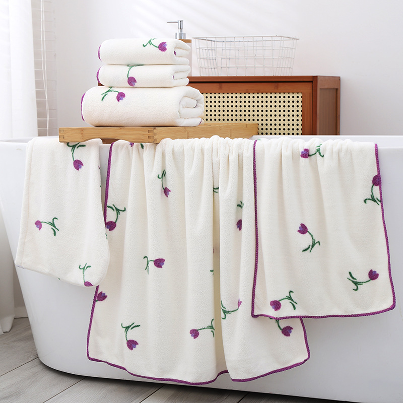 Bath Towel Set Soft Absorbent Tulip Print Coral Fleece Shower Cap_voghion.com