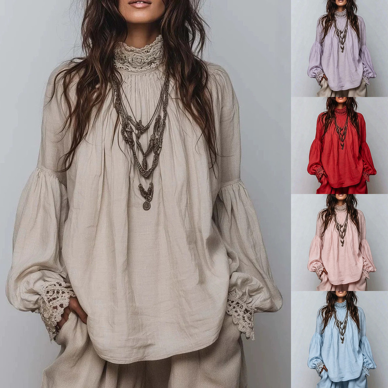 European and American Cross-Border 2026 Lace Half-High Collar Bohemian Cotton and Linen Top with Lantern Sleeves, Loose Retro Long-Sleeve Shirt