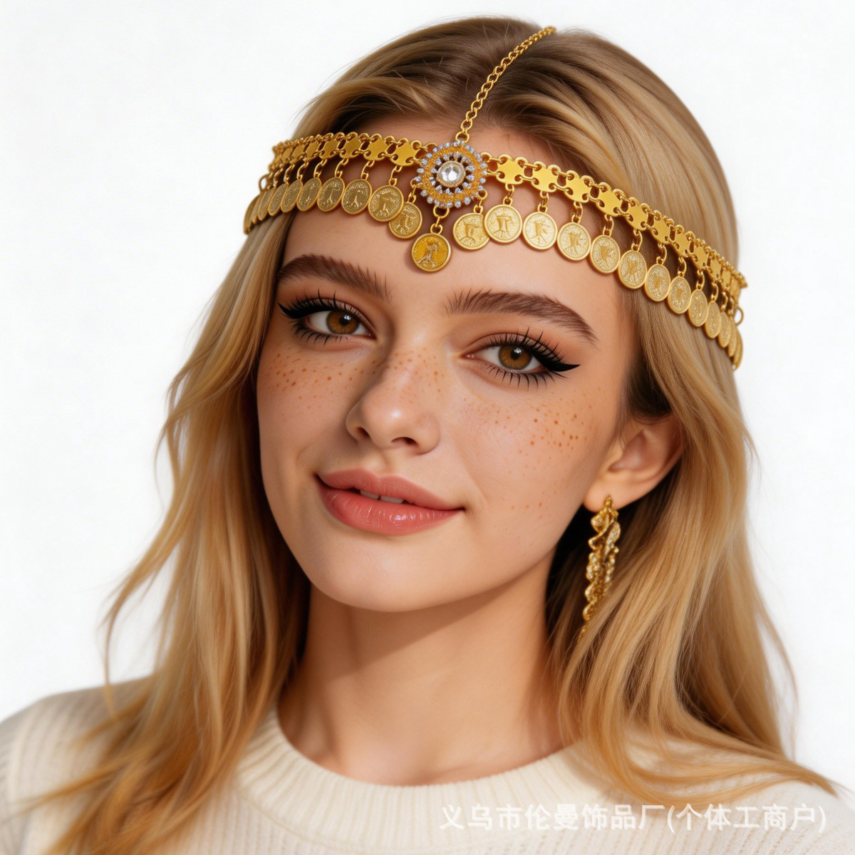 European and American Cross-Border Vintage Coin Tassel Hair Accessories for Women, Ethnic Exotic Style Rhinestone Hair Chain with Sequins Manufacturer