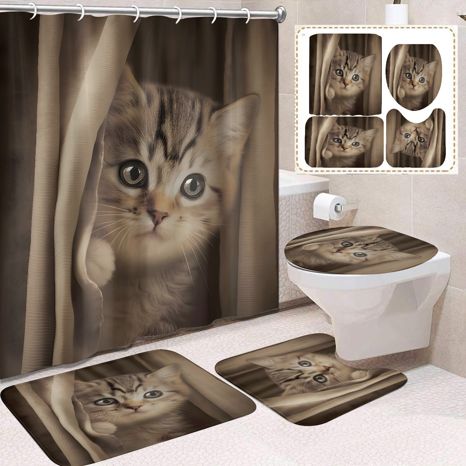 Fuente de fabricantes Amazon animales gatos niños cortina de ducha impermeable a prueba de moho cortina de ducha inodoro partición de baño divertido