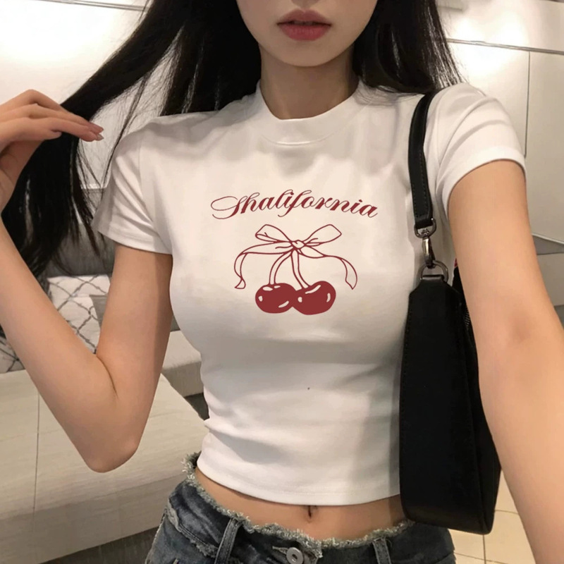 Round Neck Short-Sleeve Crop Top for Women, Summer New Cherry Print Crop Top T-Shirt