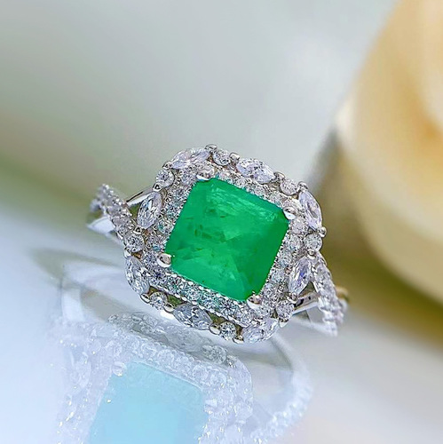 Mujing Jewelry  new ring ins simulation 7*7 emerald diamond ring foreign trade hot selling S925 silver ring