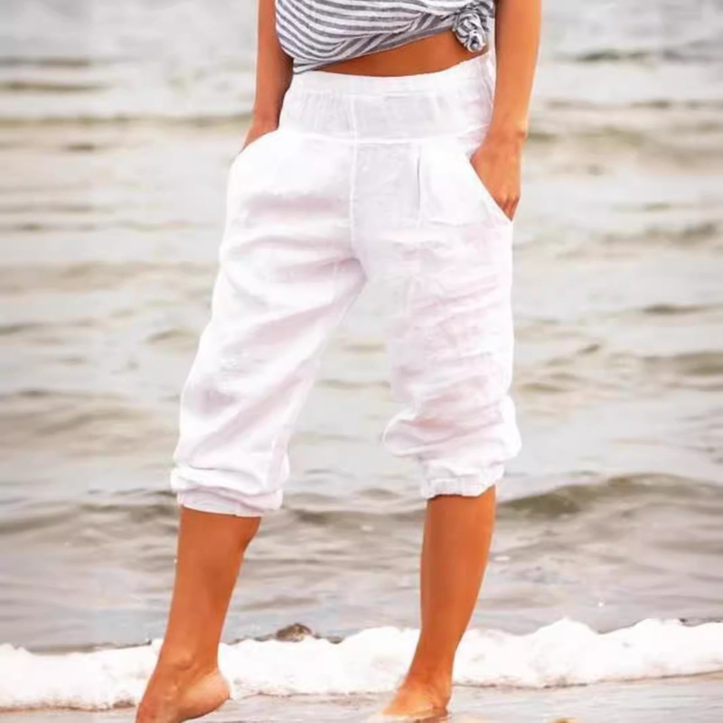 2022 European and American Amazon Spring and Summer Aliexpress Wish Casual Pure Color Cotton and Linen Cropped Pants Casual and Versatile