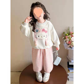 女童卫衣套装秋装2025新款儿童洋气衣服宝宝条纹束脚裤两件套春秋