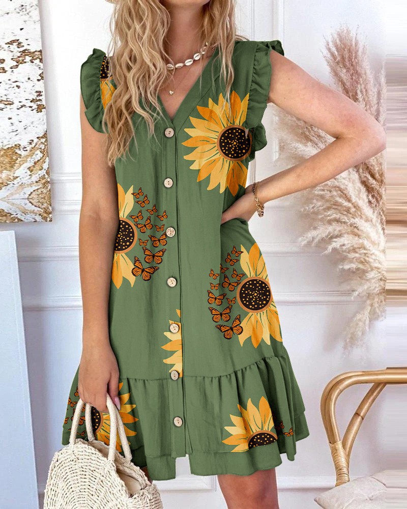 182g Weight Knee-Length Dress Length Type Sleeveless Sleeve Length Princess Dress Dresses Type Flounce Sleeve Sleeve Type Polyester Fabric Type Mid Waist Waist Line Daily Occasion V Neck Neckline Regular Fit Fit Type Flower Pattern Summer Season Women'S Gender Printing, Button Design Vacation Style Wholesale Women'S Vacation Printing Button Flower Daily V Neck Sleeveless Princess Dress