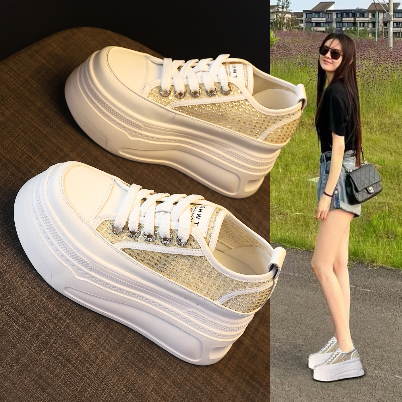 Giày sneaker nữ đế dày tăng chiều cao mùa hè thoáng khí kiểu bánh mì — màu trắng