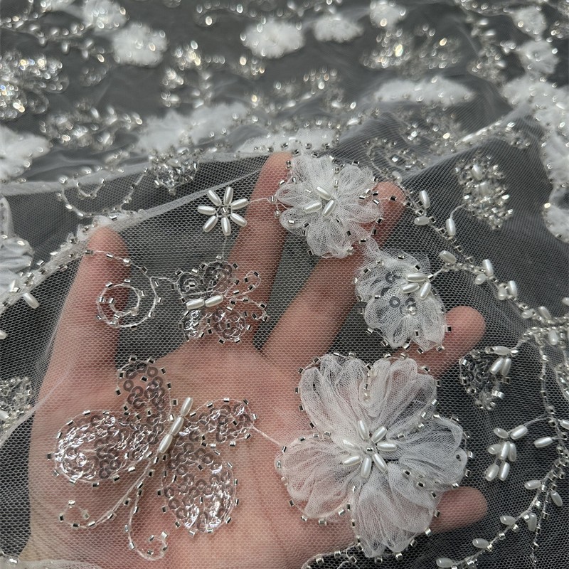 Mariposa flor plato esquinilla tubo de perlas bordado encaje tela bordada vestido de boda vestido de tela bordada alta