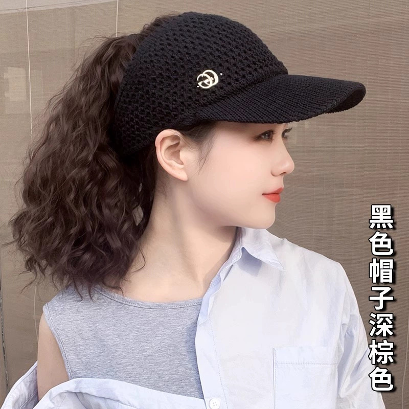 新しい小さなラベルの帽子とウィッグ一体型ウールカーリーハイポニーテール中空サンシェード日焼け止め春、夏、秋の空のトップハット|undefined