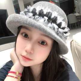 芭蕾风~黑色气质蕾丝花边渔夫帽羊毛呢礼帽i优雅盆帽女