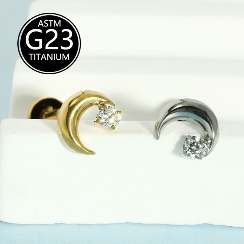 F136 Titanium Inlaid Single Zircon Moon Lip Labret Stud Internally Threaded Ear Bone Nail G23 Titanium Alloy detail image 7