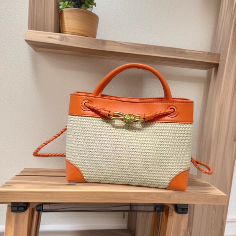 Cross-Border New Bv Straw and Leather Bag, Casual Vacation Beach Style, Metal Bow, Single Shoulder, Crossbody, Handbag for Women