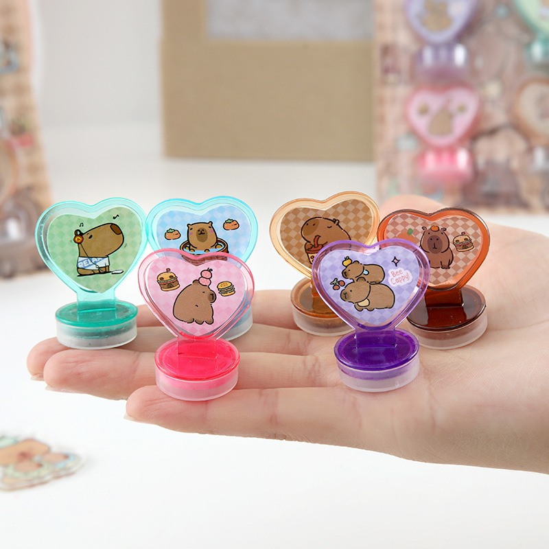 6 sellos de cartón de dibujos animados de barro colorido, sellos de libro de mano, artículos de papelería para estudiantes, pequeños regalos