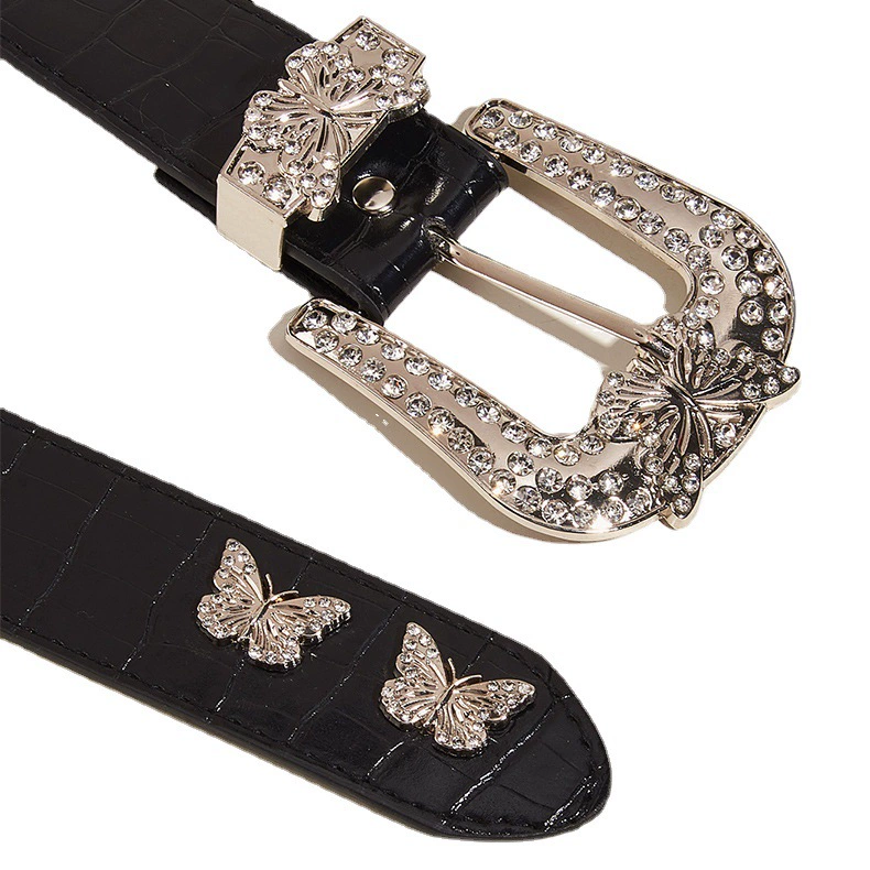 Retro belt, 105 cm, black, butterfly rhinestone buckle, 3.8 cm width